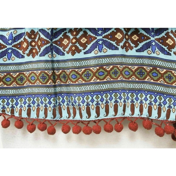 PLENTY TRACY REESE Colorful Tribal Pattern Peplum Boho Silk Pompom Trim Blouse - Picture 5 of 6